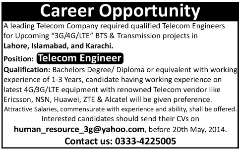 Telecom Engineering Jobs in Pakistan 2014 May