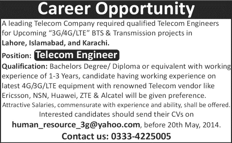 Telecom Engineer Jobs in Pakistan 2014 May for Telecom Company