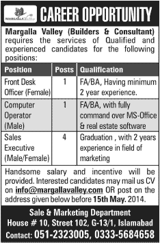 Front Disk Officer, Computer Operator & Sales Executive Jobs in Islamabad 2014 May at Margalla Valley Builders & Consultants