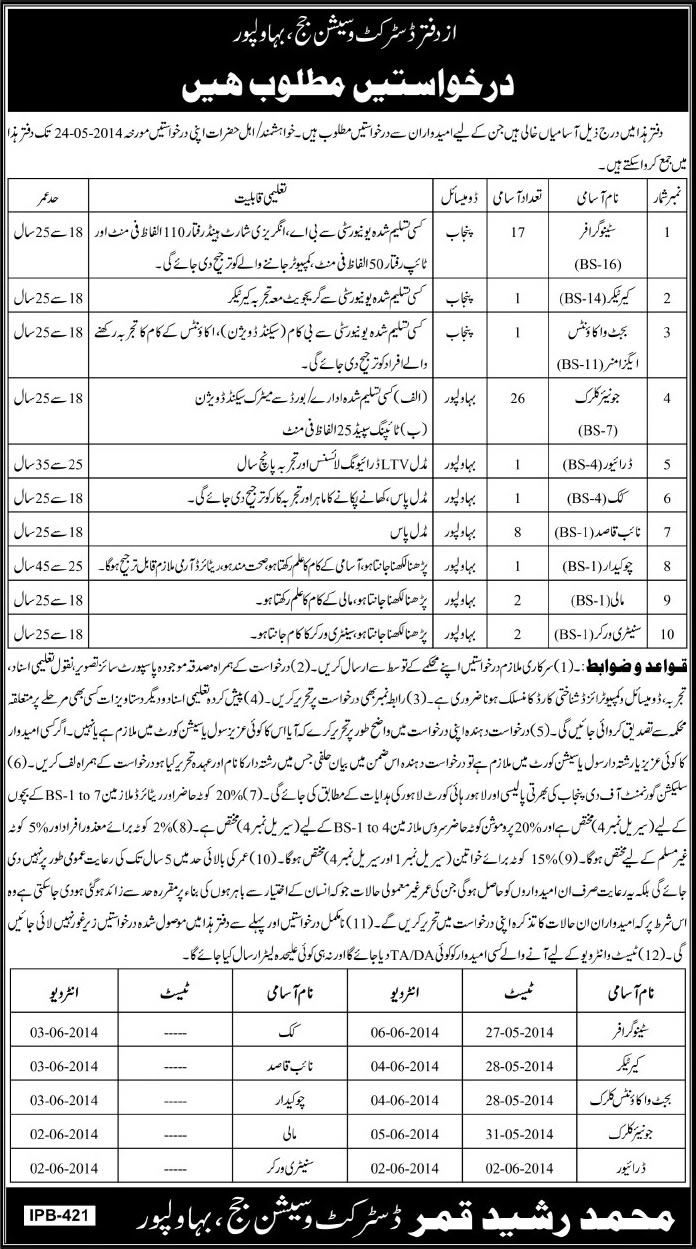 Latest Jobs in District and Session Court Bahawalpur 2014 May