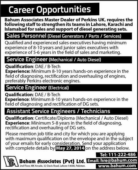 Sales Executives and Auto & Diesel / Mechanical Engineering Jobs in Pakistan 2014 May at Bahum Associates (Pvt.) Ltd