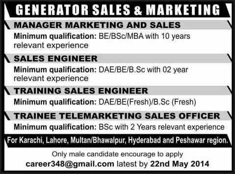 Sales and Marketing Jobs in Pakistan 2014 May for Generator Sales