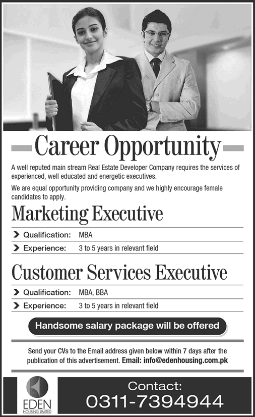 Eden Housing Lahore Jobs 2014 May for Marketing & Customer Services Executives