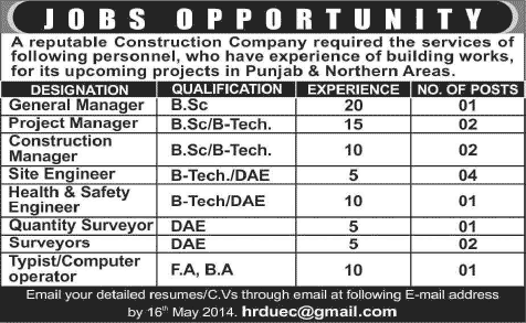 Safety Engineer, Civil Engineers & Computer Operator Jobs in Pakistan 2014 May in a Construction Company