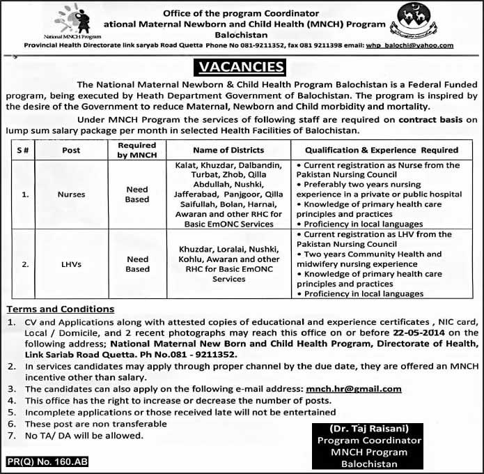 National MNCH Program Balochistan Jobs 2014 May for Nurses & Lady Health Visitors