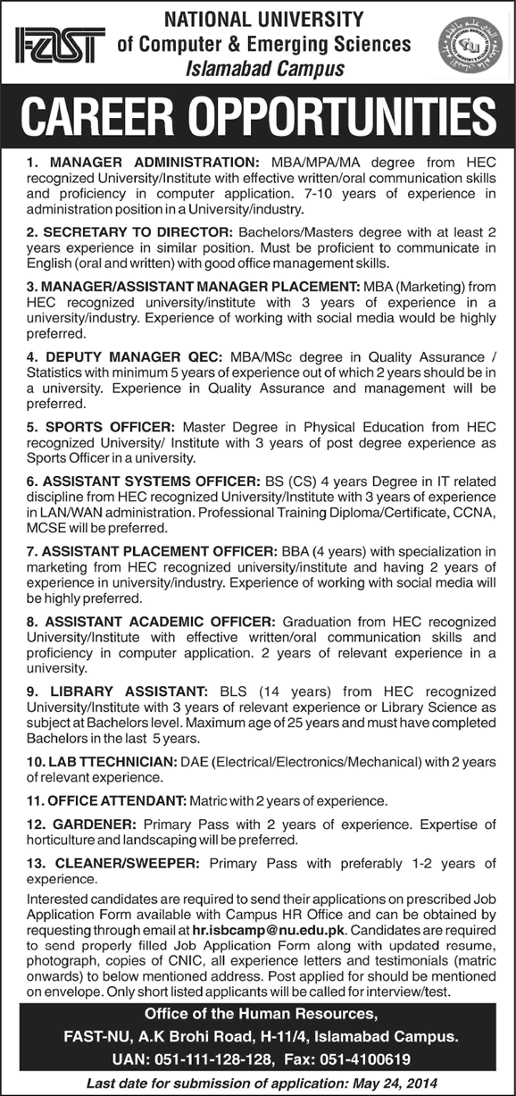FAST University Islamabad Jobs 2014 May for Administrative Staff