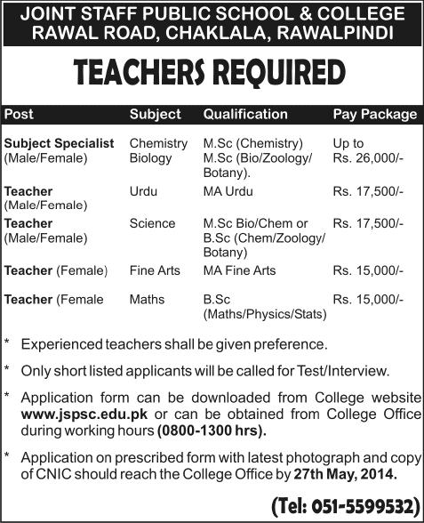Joint Staff Public School & College Chaklala Rawalpindi Jobs 2014 May for Teaching Faculty