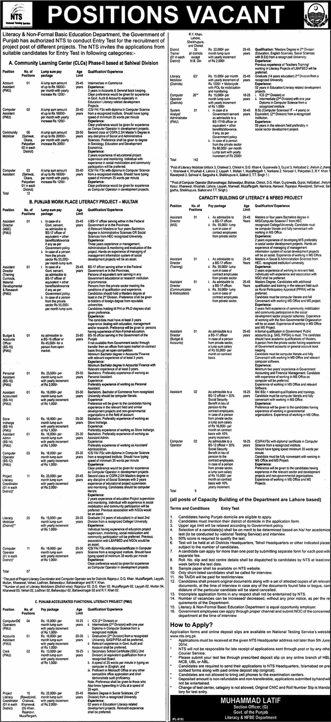 NTS Literacy and NFBE Department Punjab Jobs 2014 May