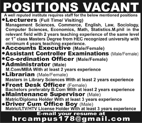 Administrative Staff & Lecturers Jobs in Lahore 2014 June for Educational Institute