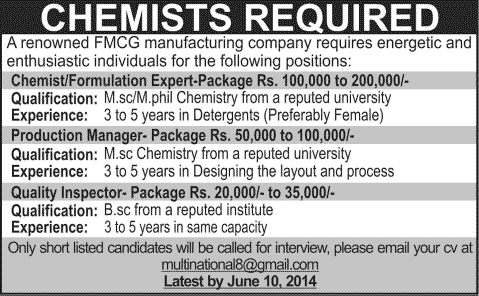 Chemists & Quality Inspector Jobs in Lahore 2014 June for FMCG Manufacturing Company
