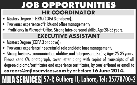 Executive Assistant & HR Coordinator Jobs in Lahore 2014 June at MJLA Services (Private) Limited
