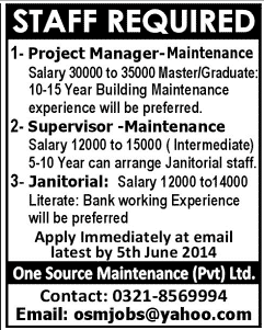 Project Manager, Supervisor & Janitor Jobs in Karachi 2014 June at One Source Maintenance (Pvt) Ltd