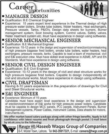 Haseeb Waqas Group of Companies Lahore Jobs 2014 June for Engineers & Draftsman