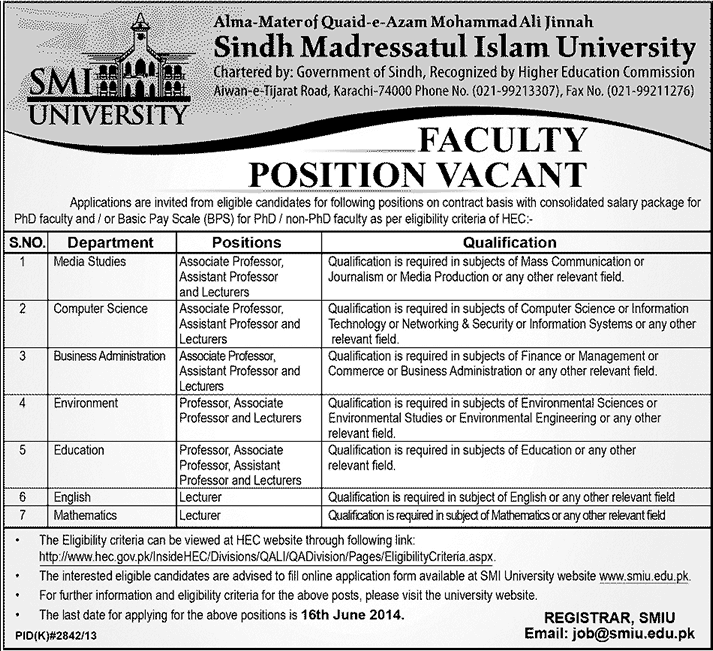 SMIU Karachi Jobs 2014 June for Professors, Assistant / Associate Professors & Lecturer