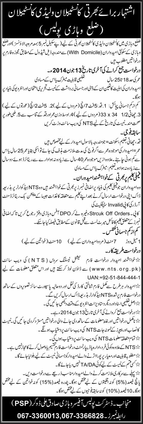 Constable Jobs in Punjab Police 2014 June for District Vehari Police NTS