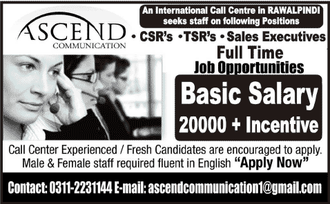 Call Center Jobs in Rawalpindi 2014 June at Ascend Communication