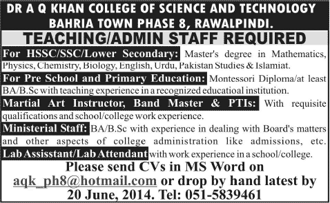 Administrative & Teaching Jobs in Rawalpindi 2014 June at Dr. AQ Khan College of Science & Technology