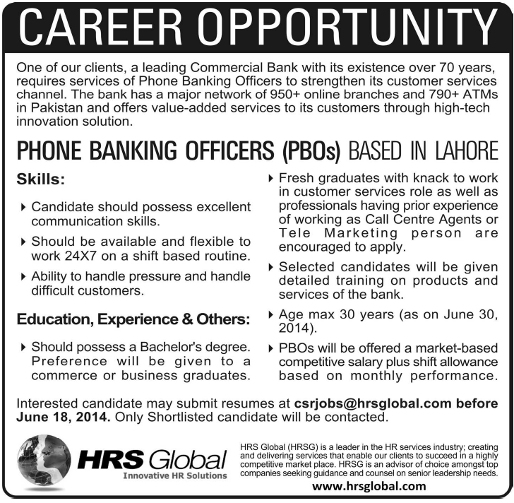 phone-banking-officer-jobs-in-lahore-2014-june-through-hrs-global-in-lahore-jang-on-08-jun-2014