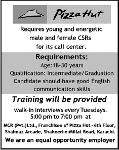 Pizza Hut Karachi Jobs 2014 June for Female CSR - Customer Service Representatives