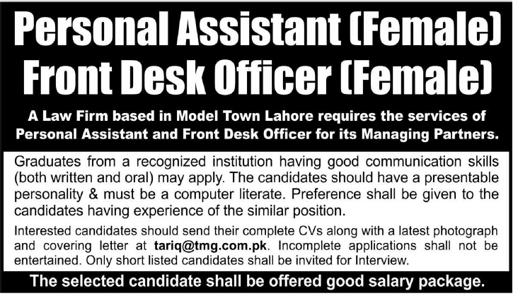 Female Personal Assistant & Front Desk Officer Jobs in Lahore 2014 June for a Law Firm