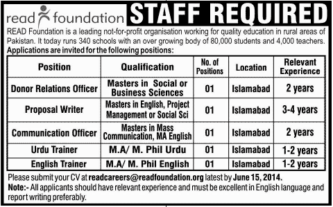 Read Foundation Pakistan Jobs 2014 June for Proposal Writer, Urdu / English Trainer & Other Staff