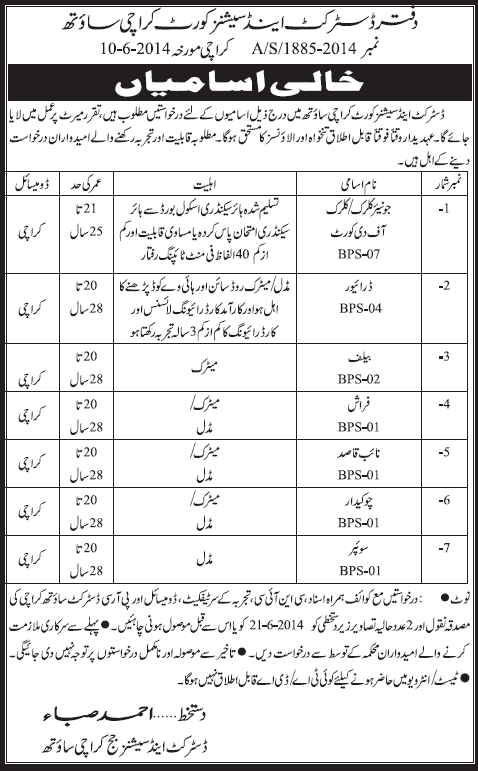 District and Session Court Karachi South Jobs 2014 June Latest Advertisement
