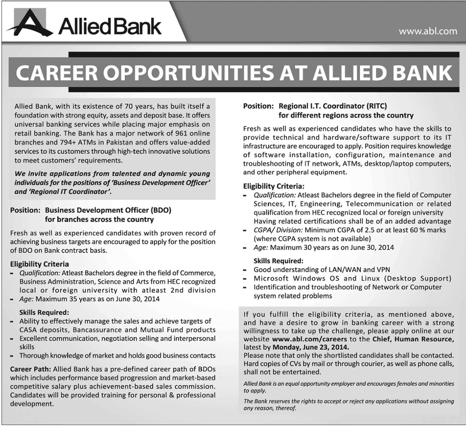 Allied Bank of Pakistan - ABL Jobs 2014 June Latest Advertisement