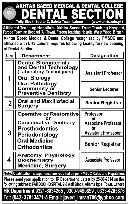 Akhtar Saeed Medical & Dental College Lahore Jobs 2014 June for Teaching Faculty