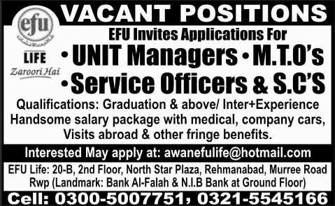 EFU Life Insurance Jobs 2014 June for Unit Managers, Trainee Officers, Service Officers & Sales Consultants
