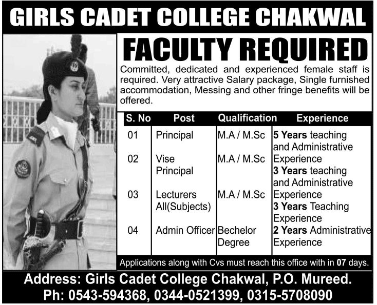 Girls Cadet College Chakwal Mureed Jobs 2014 June for Lecturers & Admin Staff