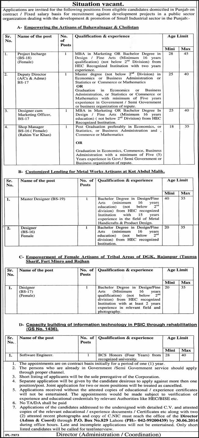 PO Box 829 Lahore Jobs 2014 June for Small Industries Sector Development & Promotions