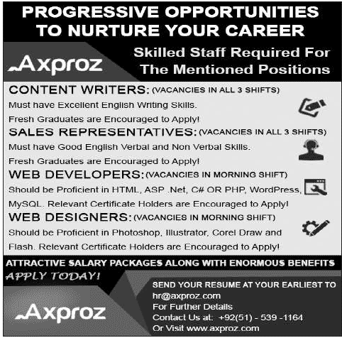 Axproz Jobs 2014 June Islamabad for Content Writers, Sales Representatives & Web Developer / Designer
