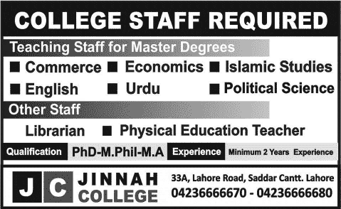 Jinnah College Lahore Jobs 2014 June for Teaching & Non-Teaching Staff