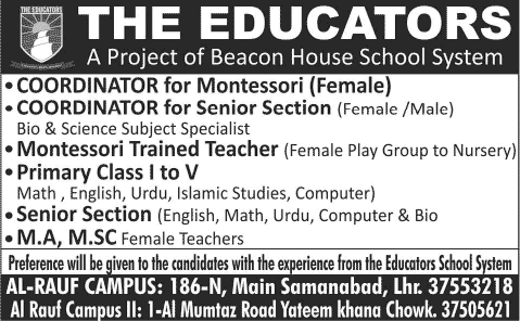 The Educators School Lahore Jobs 2014 June for Teaching Faculty