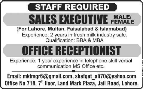 Sales Executive & Office Receptionist Jobs in Pakistan 2014 June / July Latest