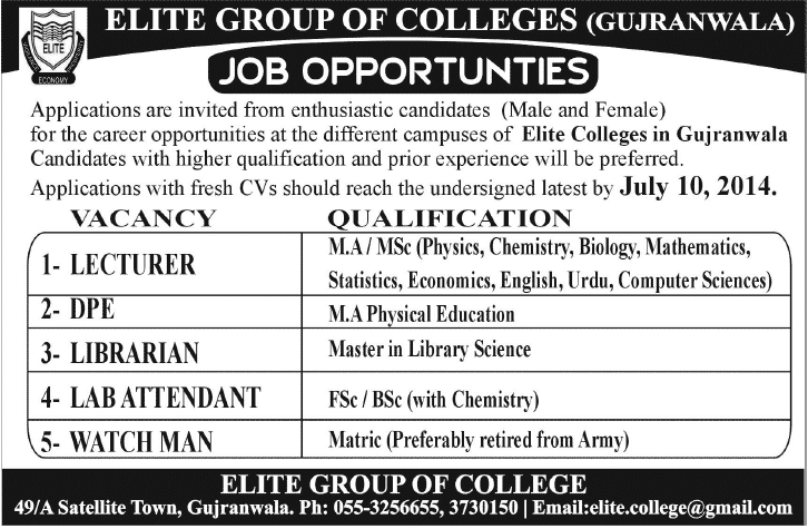 Elite Group of Colleges Gujranwala Jobs 2014 June / July for Teaching Faculty & Admin Staff