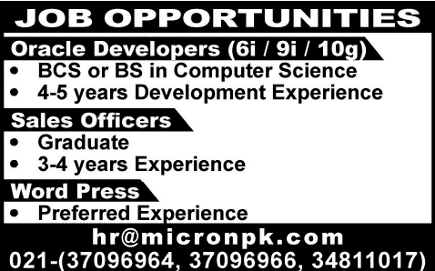 Oracle Developers, Sales Officer & Software Engineer Jobs in Karachi 2014 June / July at Micron