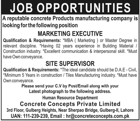 Marketing Executive & Civil Engineering Jobs in Lahore 2014 June / July at Concrete Concepts (Pvt) Ltd