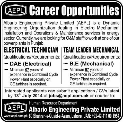 Electrical / Mechanical Engineering Jobs in Punjab 2014 July at Albario Engineering (Pvt) Ltd