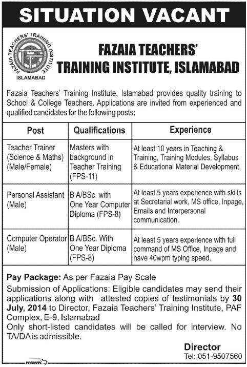 PAF / Fazaia Teachers Training Institute Islamabad Jobs 2014 July
