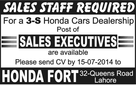 Sales Executive Jobs in Lahore 2014 July at Honda Fort