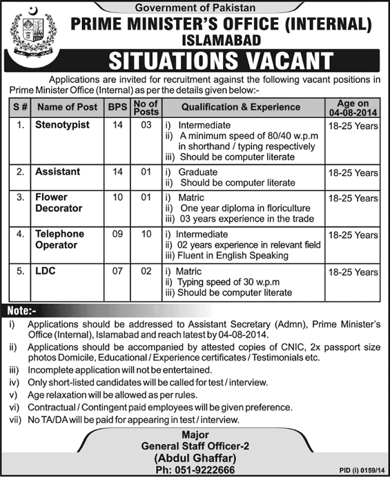 Prime Minister's Office Islamabad Jobs 2014 July Latest Advertisement