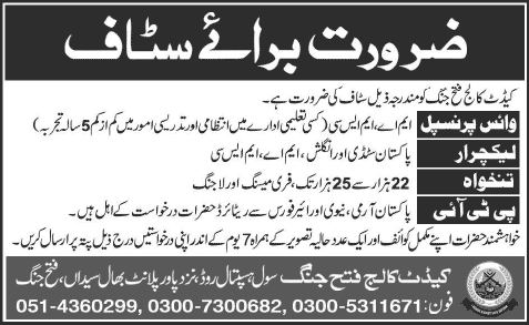 Cadet College Fateh Jang Jobs 2014 July for Principal, Lecturers & Physical Training Instructor