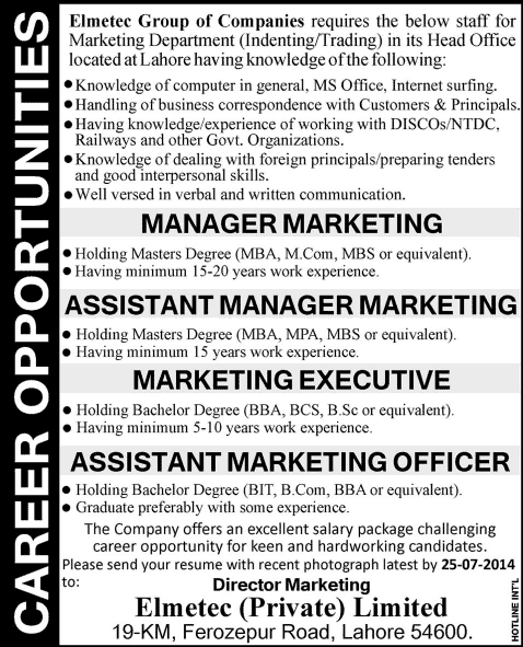 Latest Marketing Jobs in Lahore 2014 July at Elmetec (Pvt) Ltd