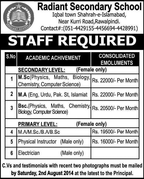 Radiant School Rawalpindi Jobs 2014 July for Teaching Faculty, Physical Instructor & Electrician