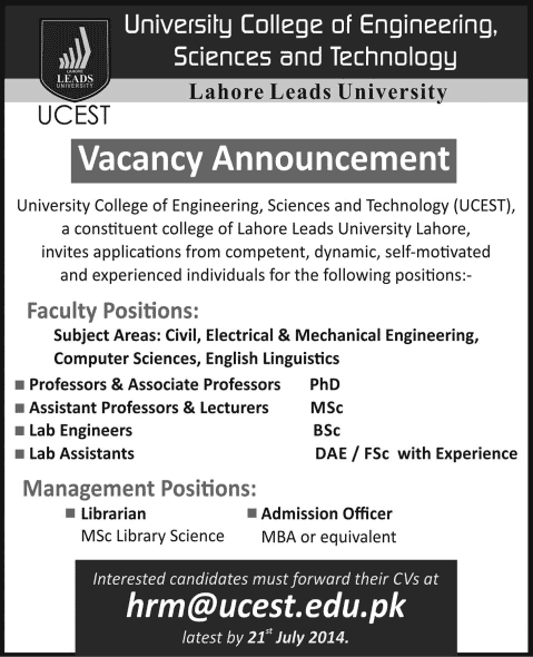 Lahore Leads University Jobs 2014 July for Teaching Faculty & Management Position