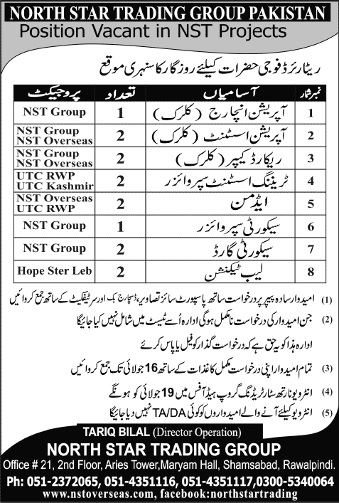 North Star Trading Group Rawalpindi Jobs 2014 July for Computer Operator, Accountant, Receptionist & Other Staff