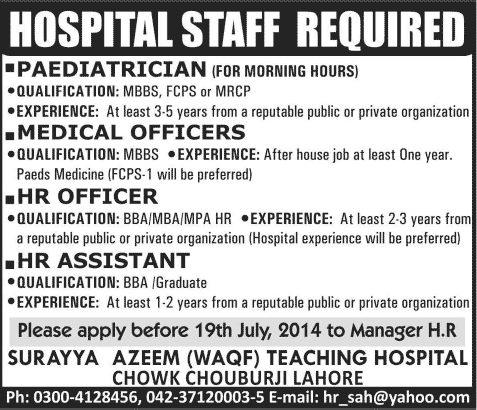 Medical Officers & HR Officer / Assistant Jobs in Lahore 2014 July at Surayya Azeem Teaching Hospital