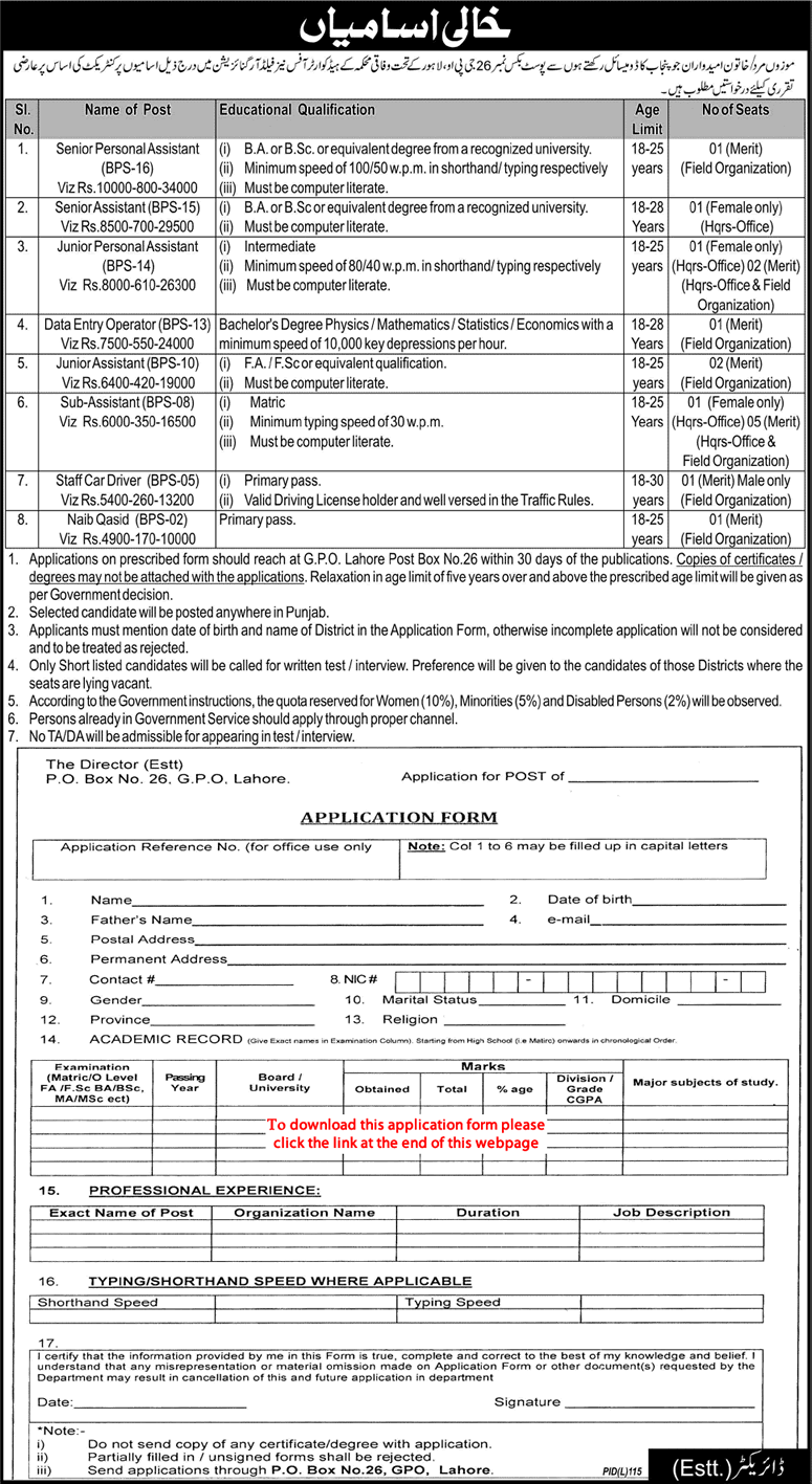 PO Box 26 GPO Lahore Jobs 2014 July Application Form Download