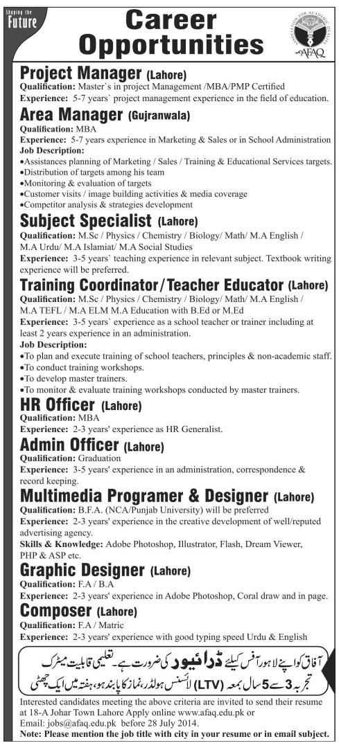 Association for Academic Quality Lahore / Gujranwala Jobs 2014 July AFAQ